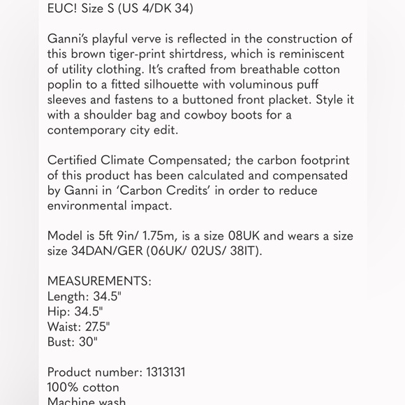 Ganni Puff-Sleeve Tiger-Print Cotton Shirtdress Shift Dress Button Down Collared - Picture 9 of 9